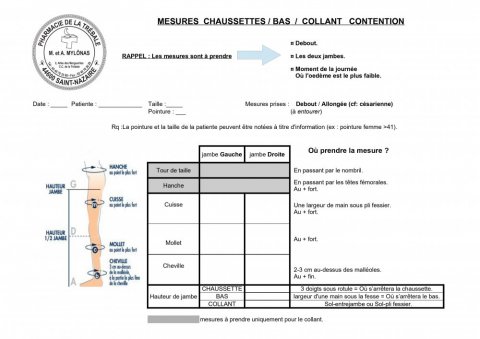 Fiche prise e mesures contention veineuse  Pharmacie de la Trébale, Mr et Mme Mylonas à Saint-Nazaire
